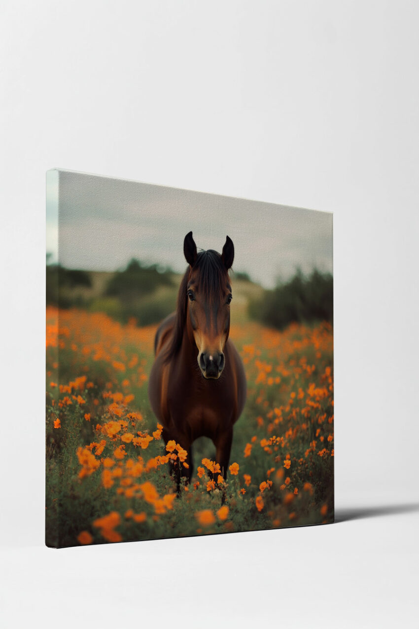 Fotografie Poster Pferd Blumenfeld braun orange