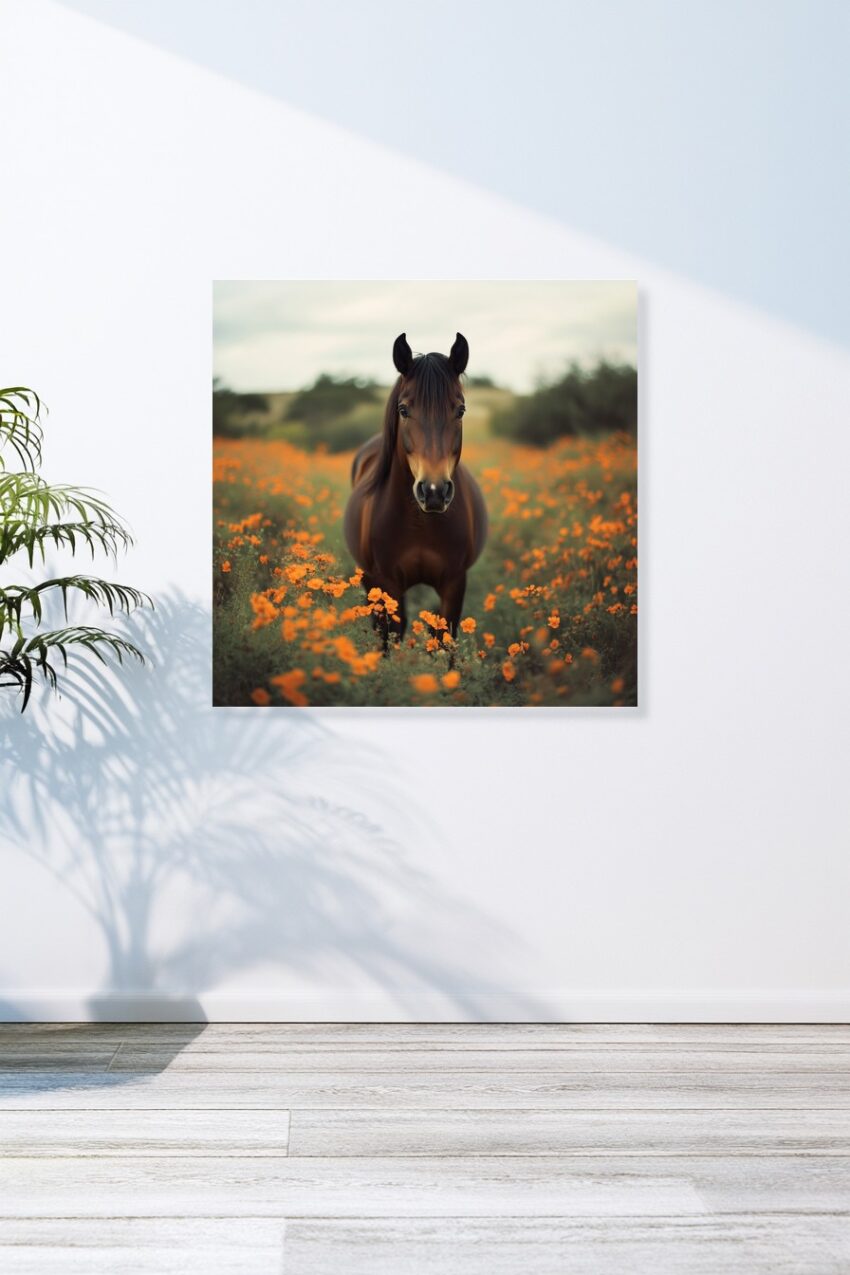 Fotografie Poster Pferd Blumenfeld braun orange