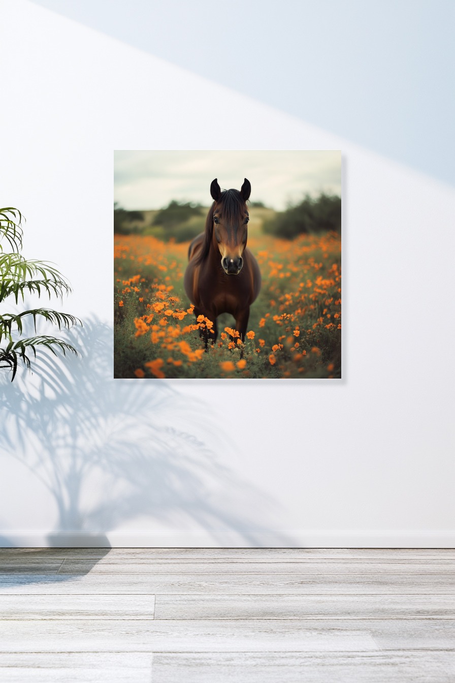 Fotografie Poster Pferd Blumenfeld braun orange