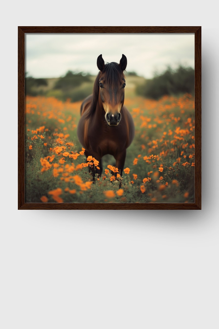 Fotografie Poster Pferd Blumenfeld braun orange