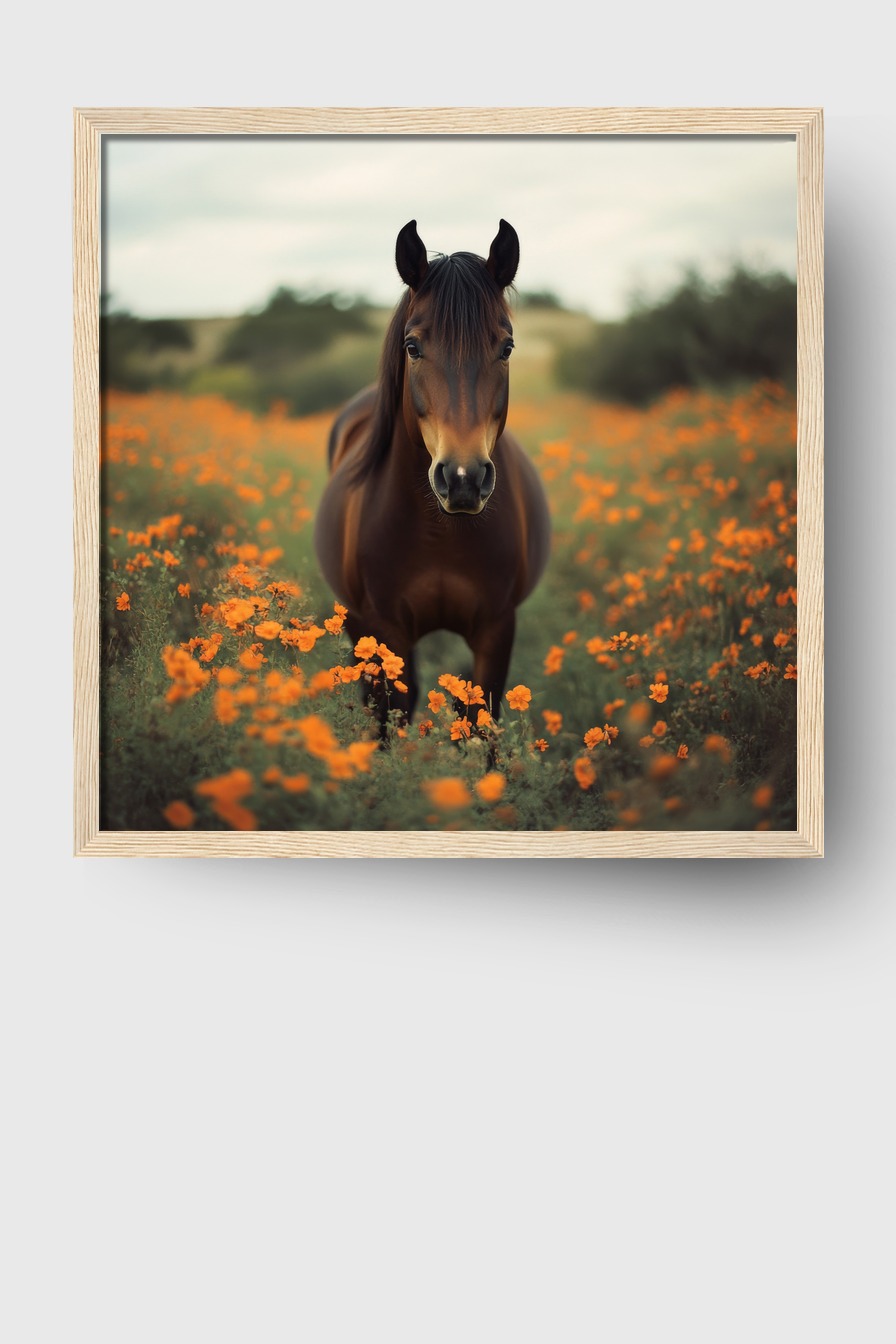 Fotografie Poster Pferd Blumenfeld braun orange