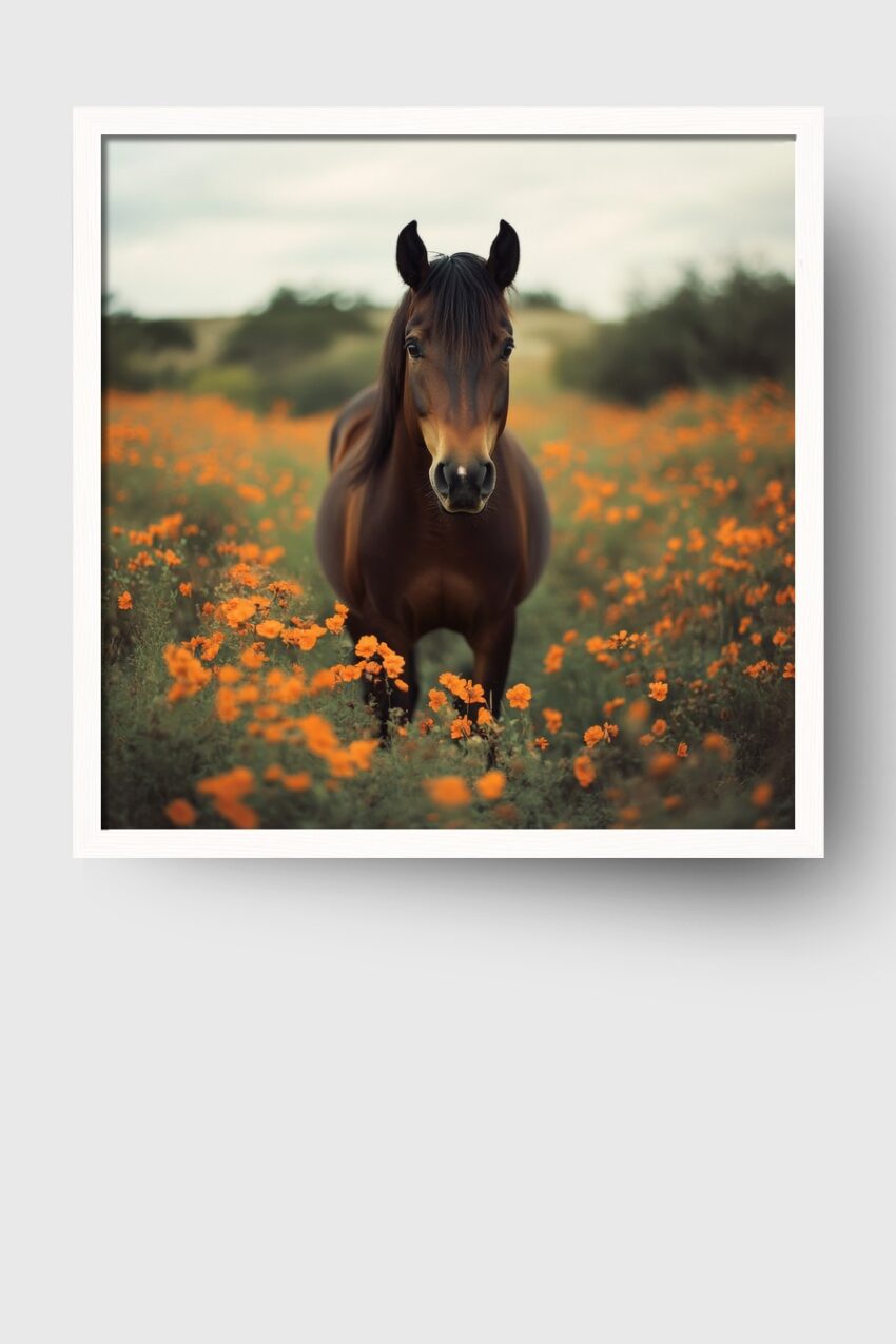Fotografie Poster Pferd Blumenfeld braun orange