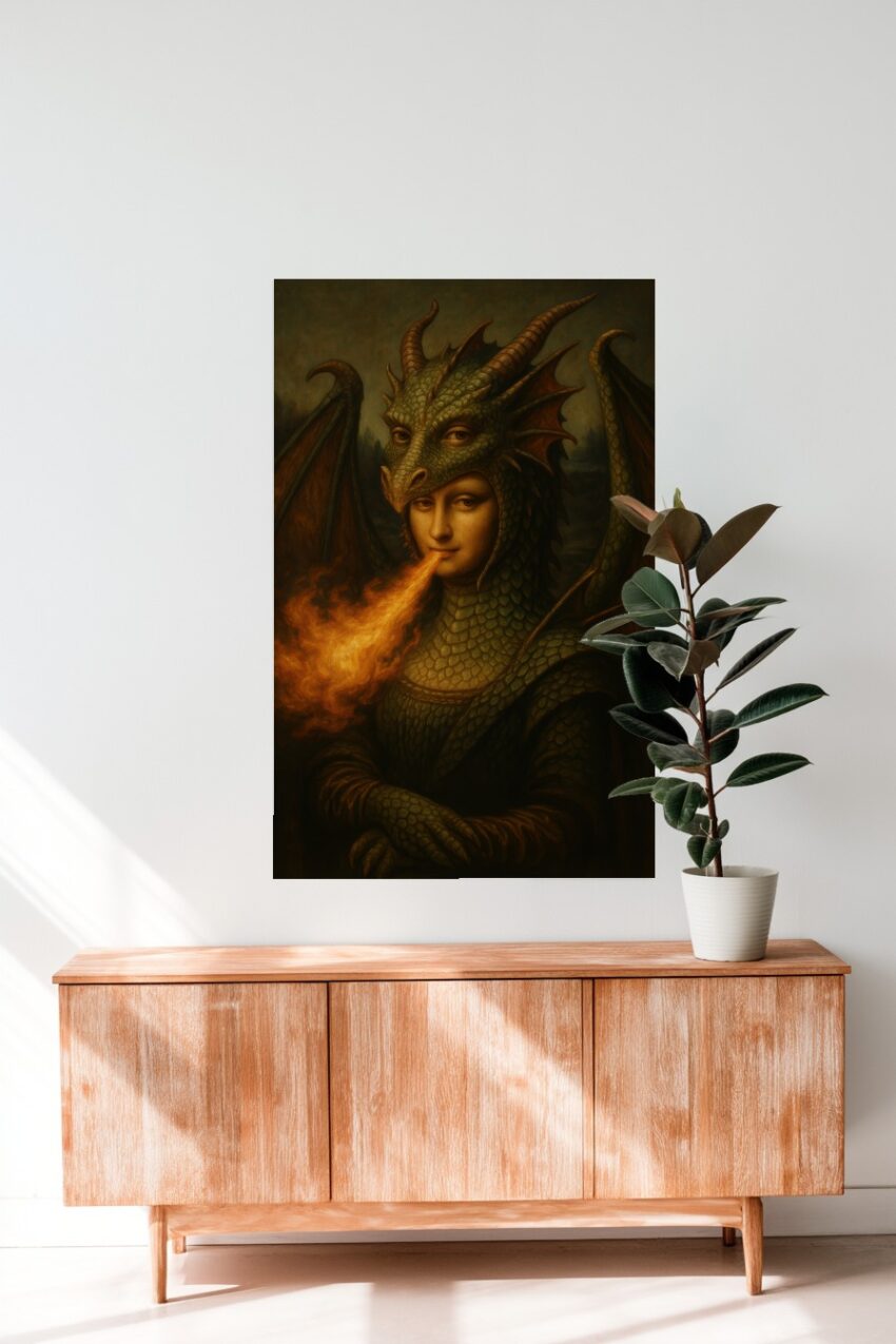 Illustration Poster Mona Lisa Drache Feuer züngelnd