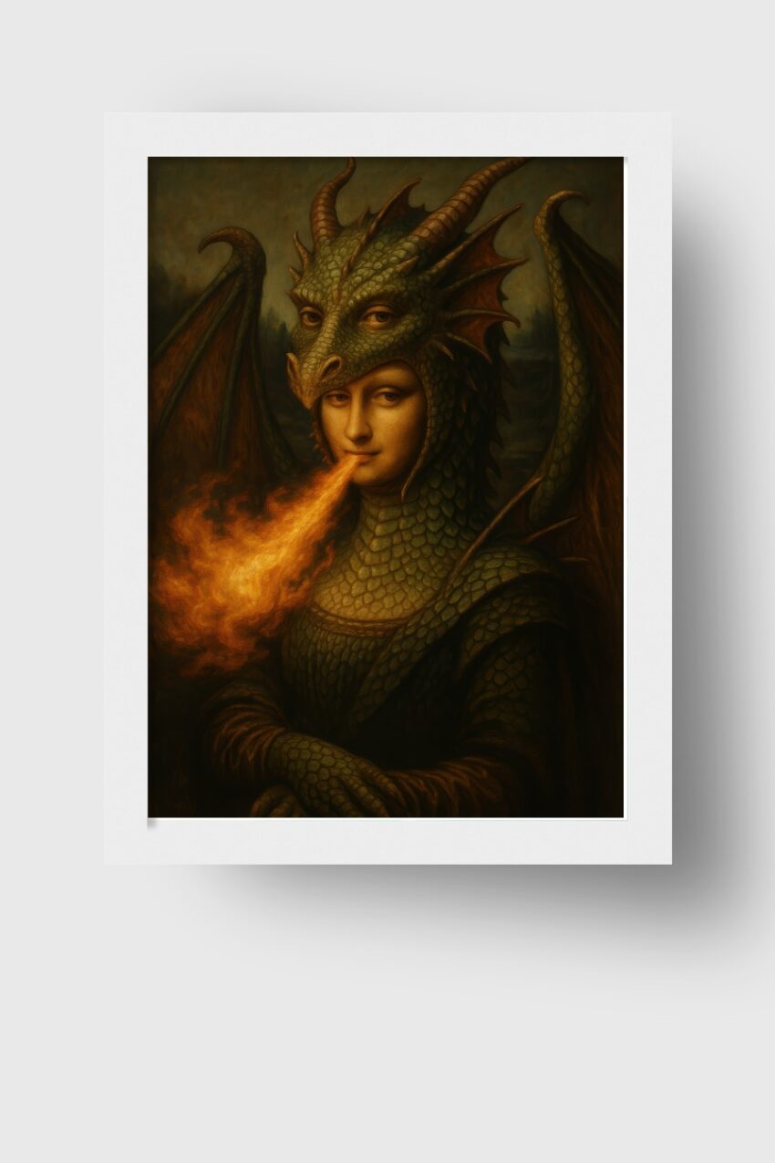 Illustration Poster Mona Lisa Drache Feuer züngelnd