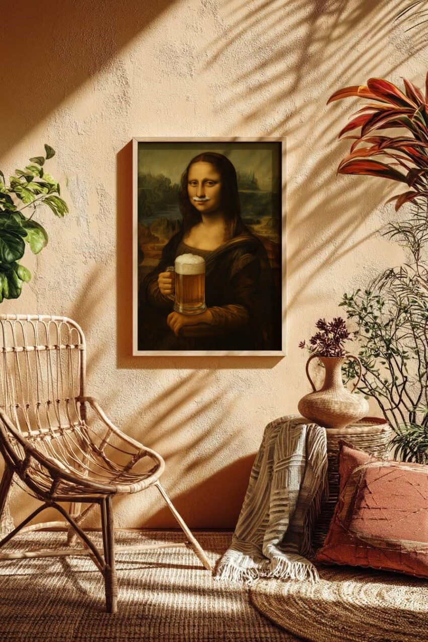 Illustration Poster Mona Lisa Bier Glas Vintage nostalgisch