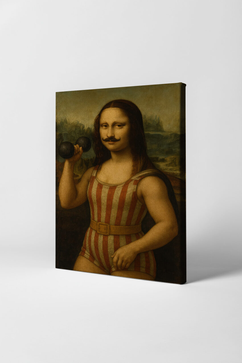 Retro Poster Mona Lisa Sportler Hantel gestreift