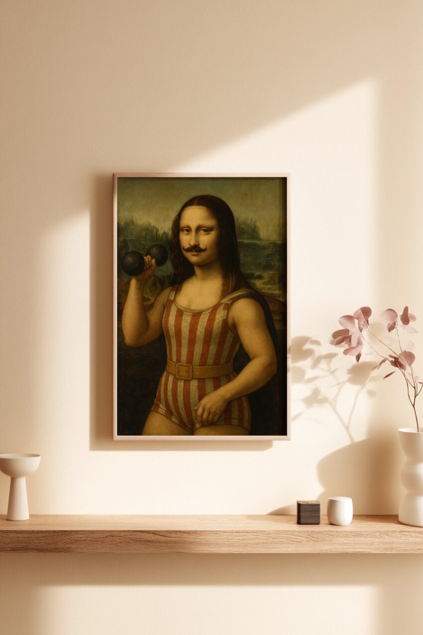 Retro Poster Mona Lisa Sportler Hantel gestreift