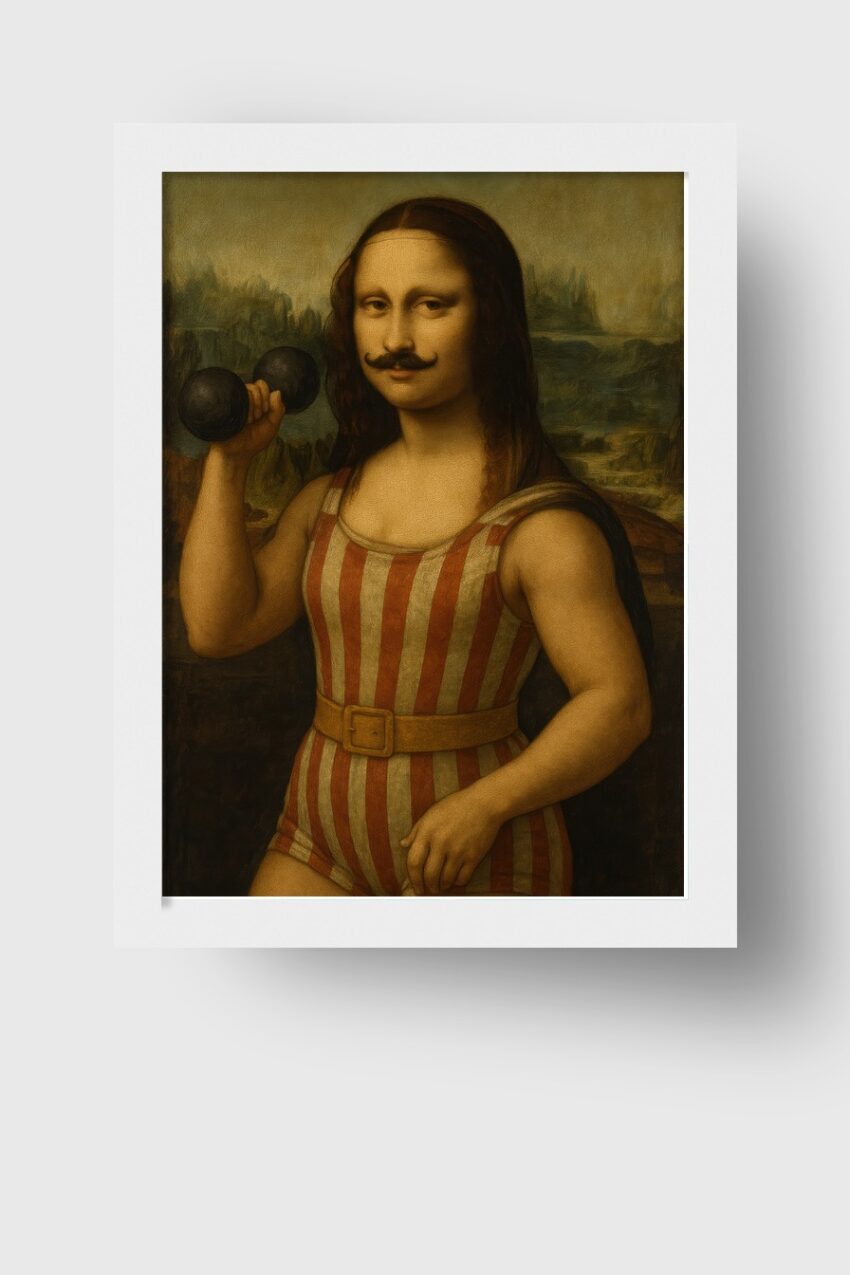 Retro Poster Mona Lisa Sportler Hantel gestreift