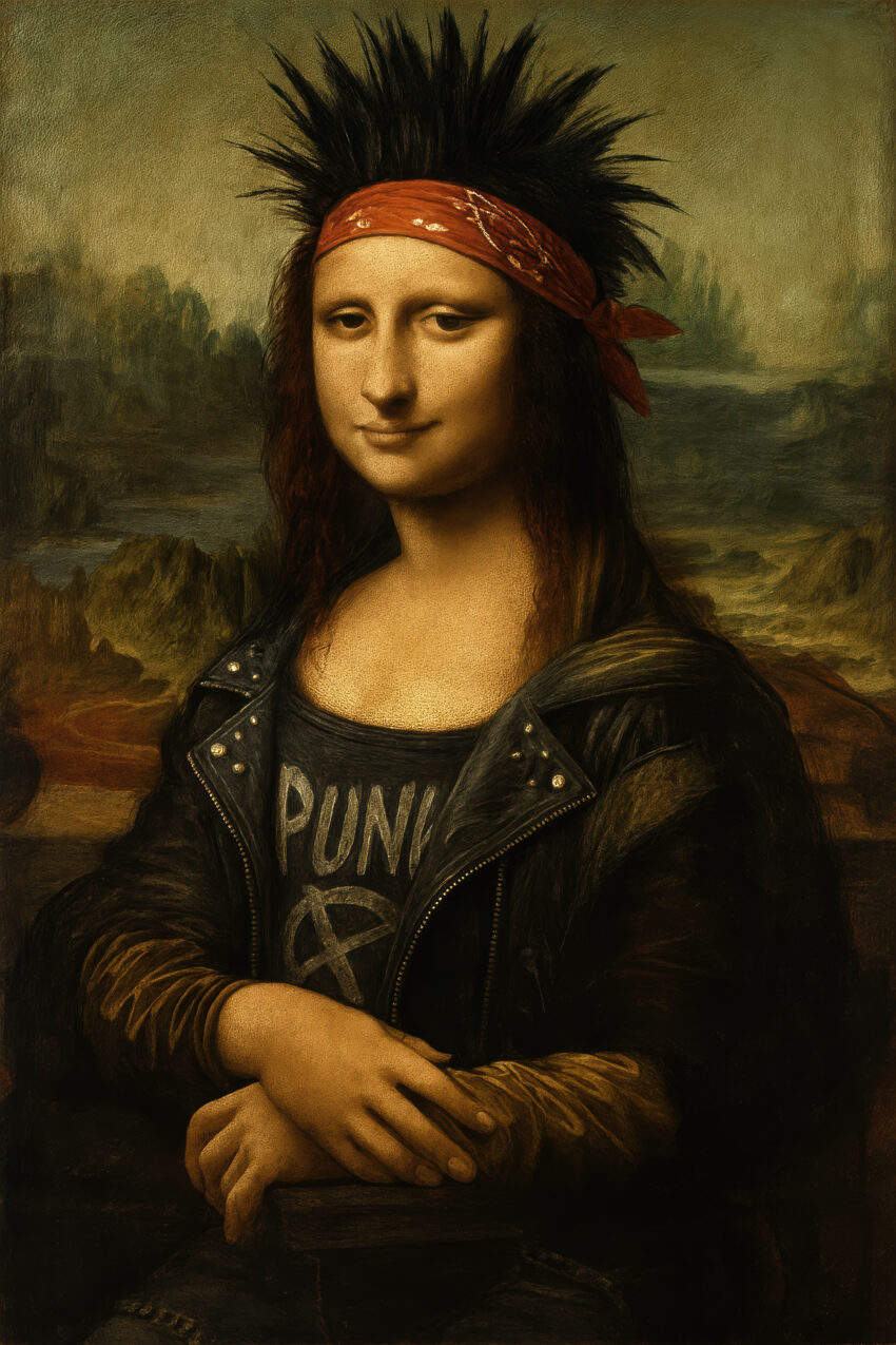 Illustration Poster Mona Lisa Punk Frisur Lederjacke