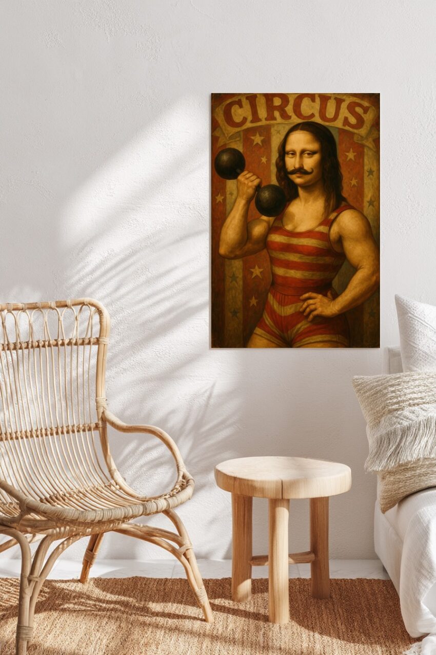 Illustration Poster Zirkusathlet Mona Lisa vintage braun