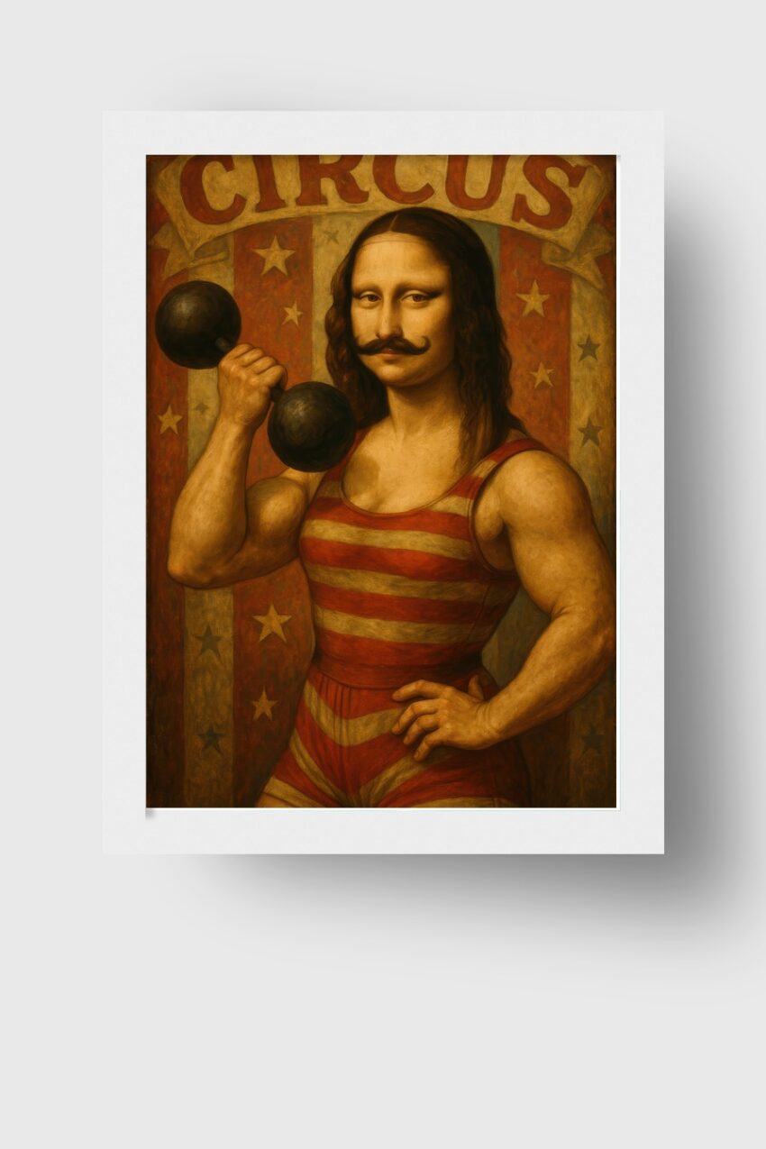 Illustration Poster Zirkusathlet Mona Lisa vintage braun