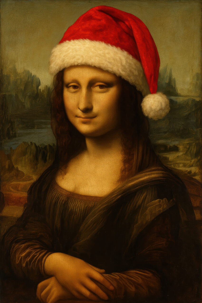 Illustration Poster Mona Lisa Weihnachtsmütze rot weiß