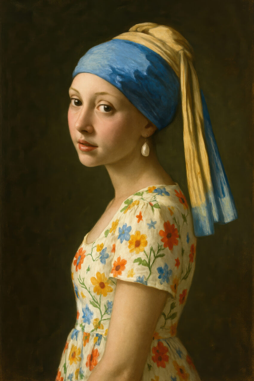 Illustration Poster Mädchen Blumenkleid blau gelb