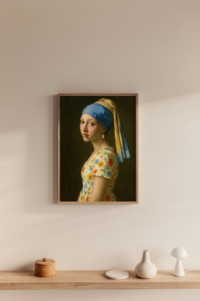 Illustration Poster Mädchen Blumenkleid blau gelb