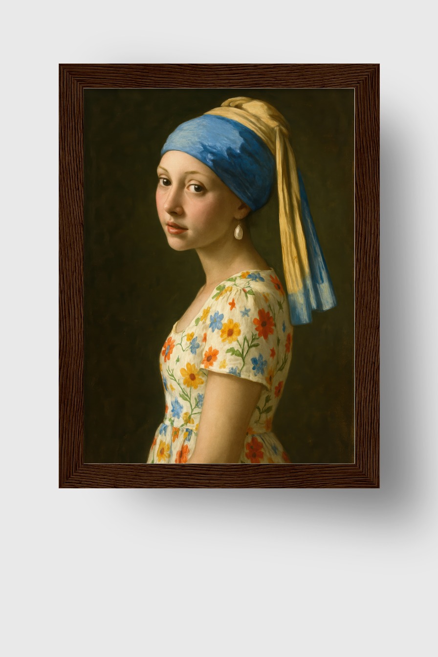 Illustration Poster Mädchen Blumenkleid blau gelb