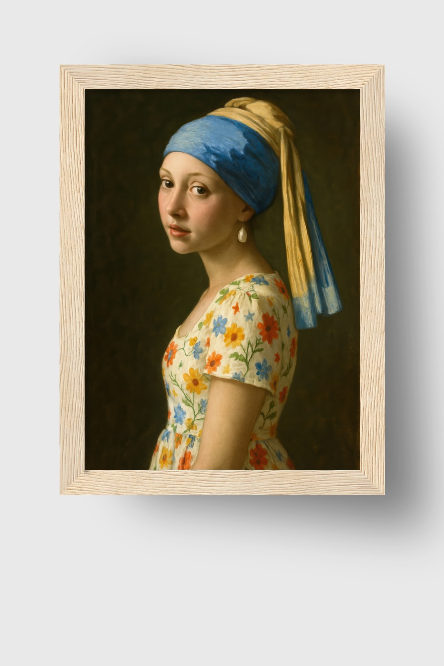 Illustration Poster Mädchen Blumenkleid blau gelb