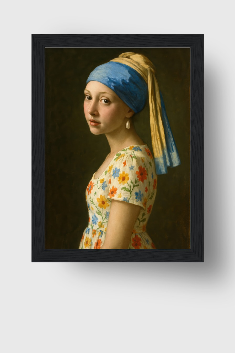 Illustration Poster Mädchen Blumenkleid blau gelb