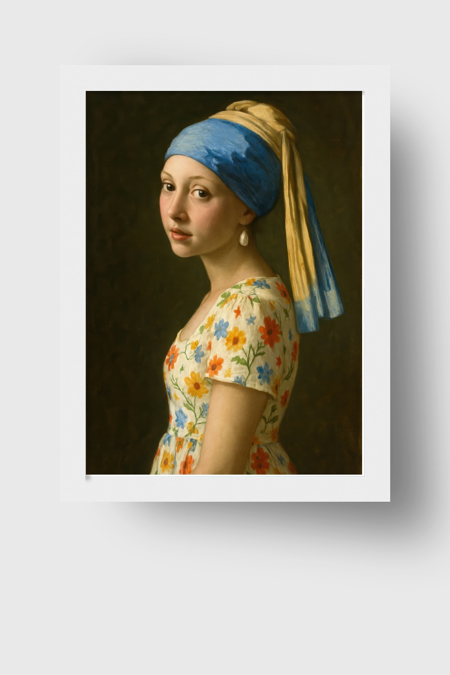 Illustration Poster Mädchen Blumenkleid blau gelb