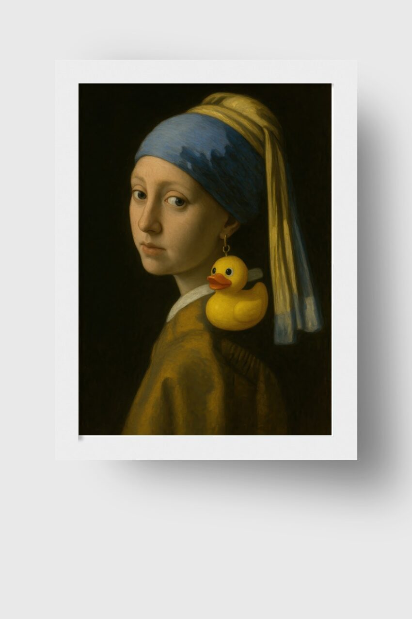 Illustration Poster Mädchen Quietscheente gelb blau