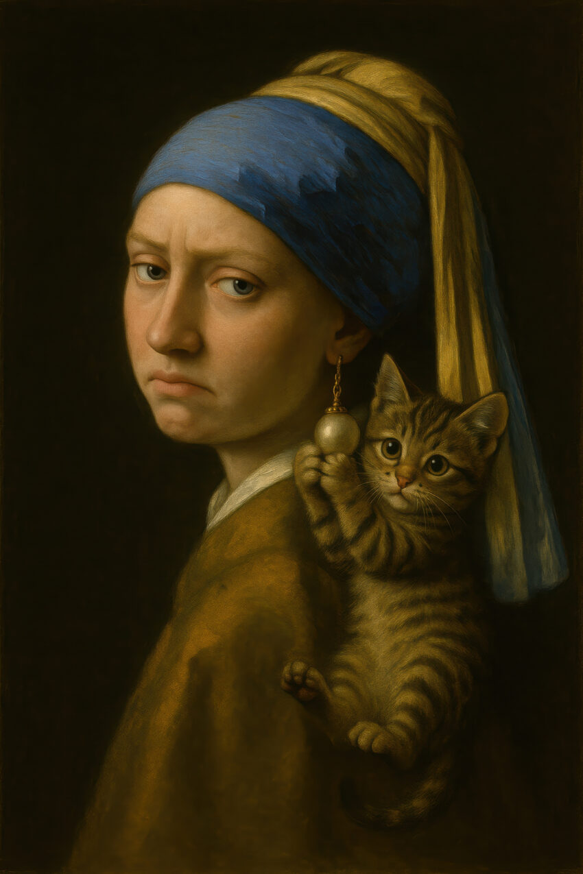 Fotografie Poster Mädchen Katze ernst blau gelb