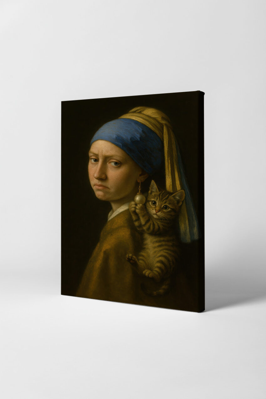 Fotografie Poster Mädchen Katze ernst blau gelb