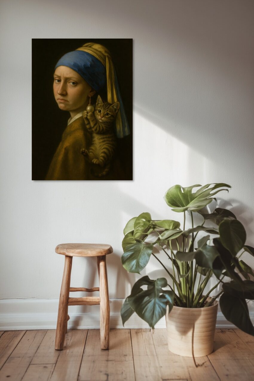 Fotografie Poster Mädchen Katze ernst blau gelb