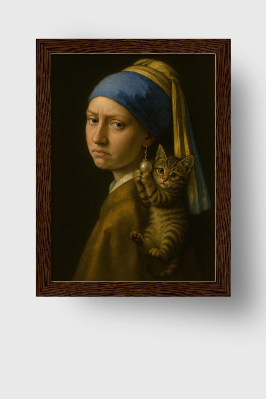 Fotografie Poster Mädchen Katze ernst blau gelb