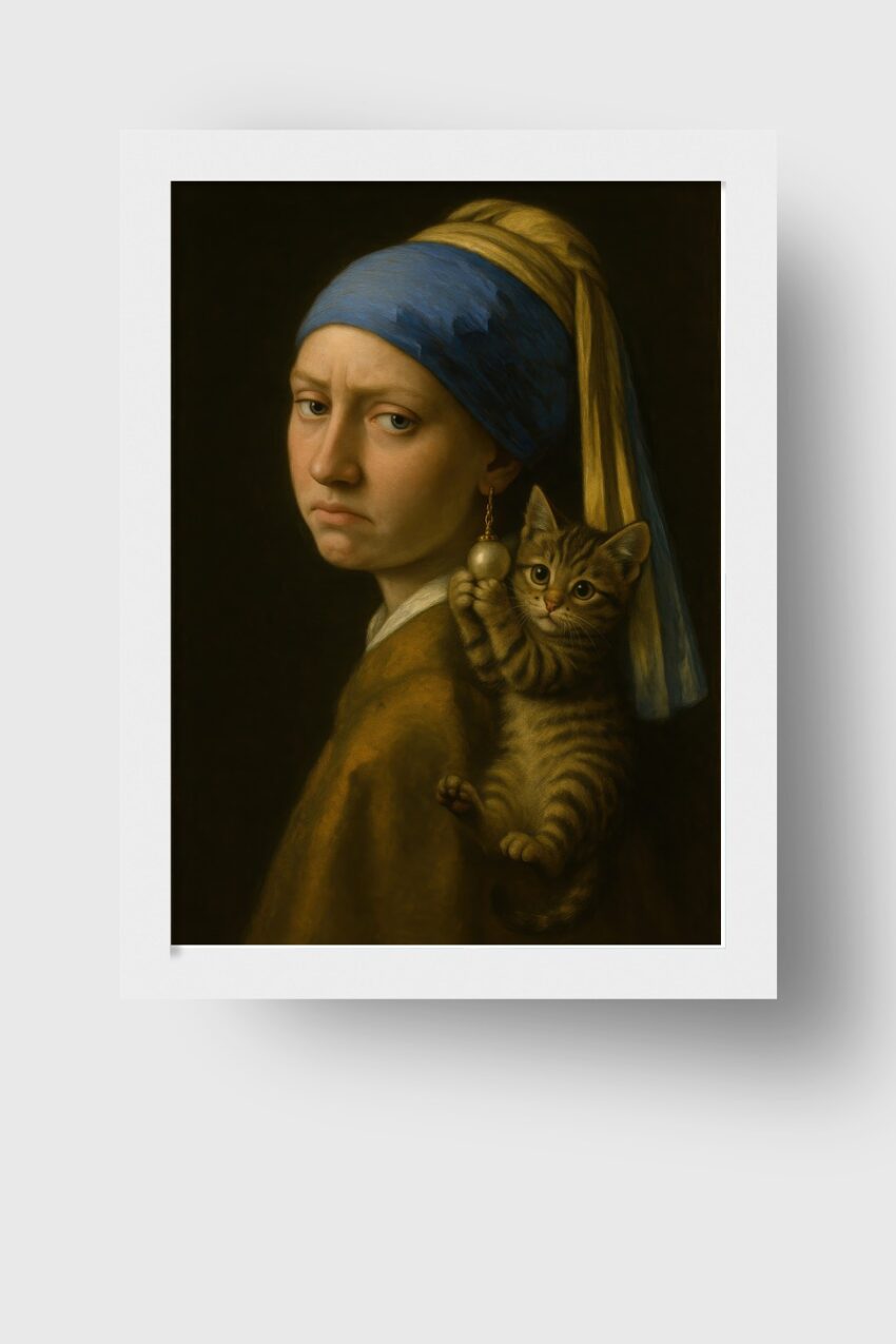 Fotografie Poster Mädchen Katze ernst blau gelb