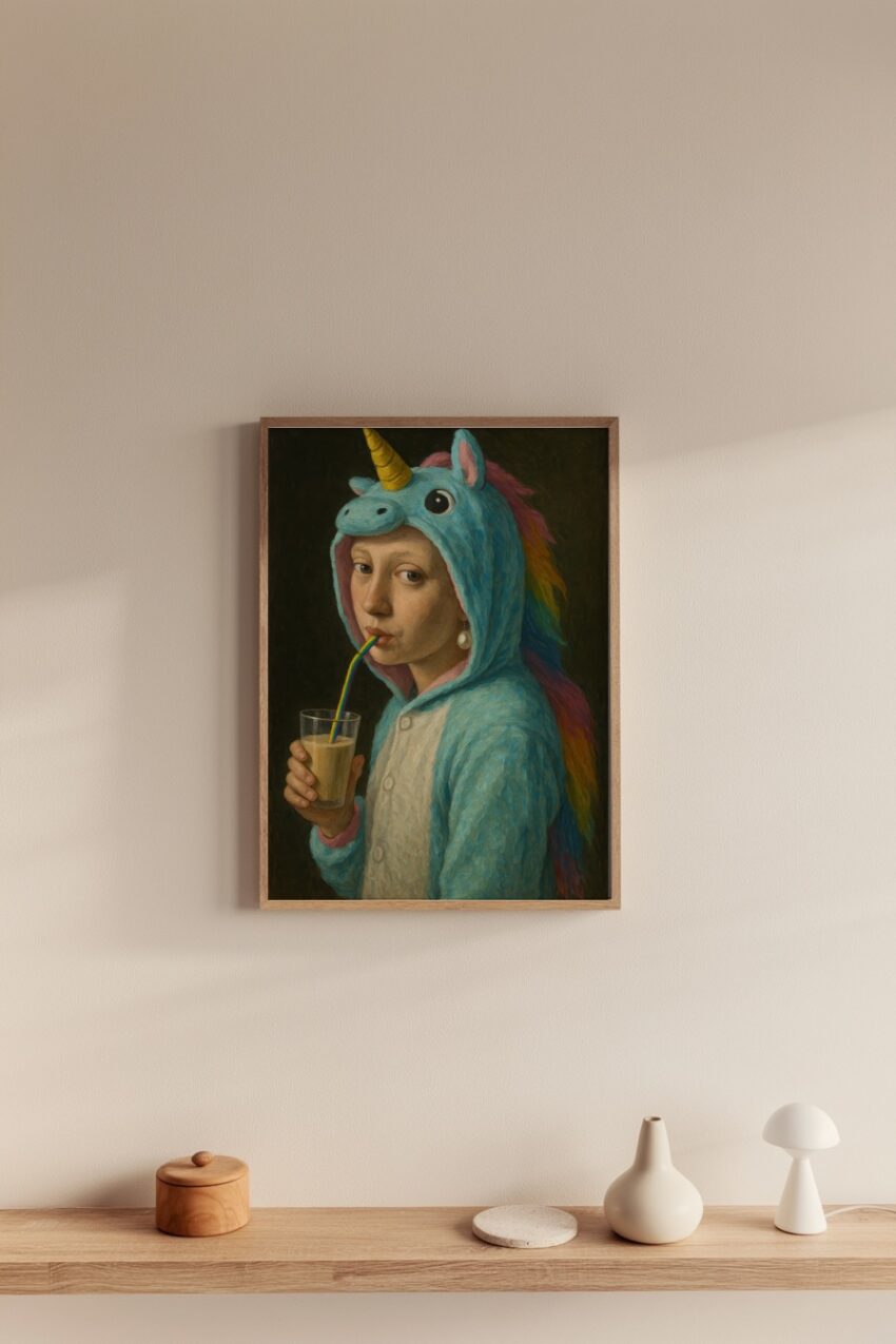 Malerei Poster Kind Einhornkostüm blau Regenbogen