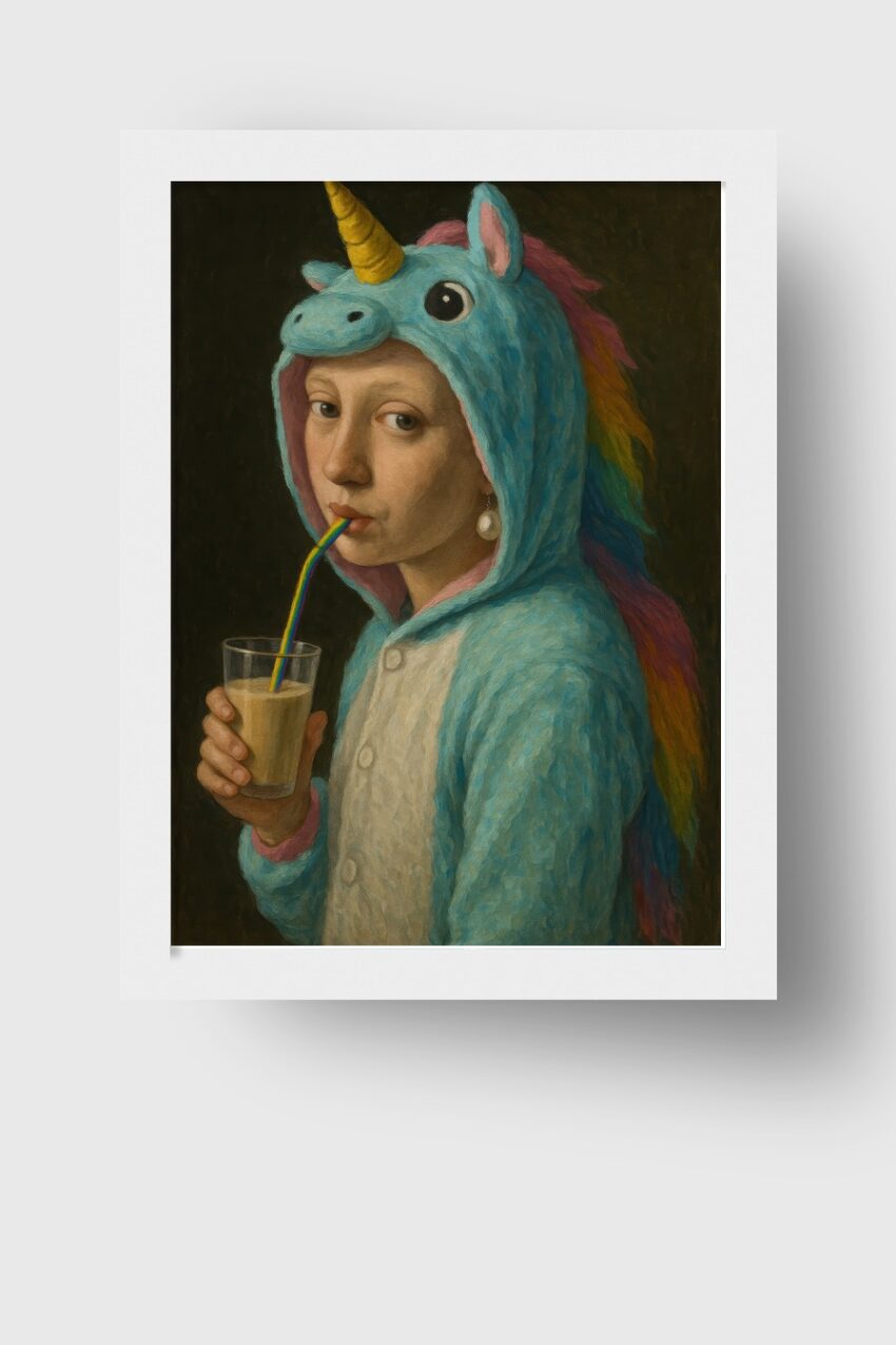 Malerei Poster Kind Einhornkostüm blau Regenbogen