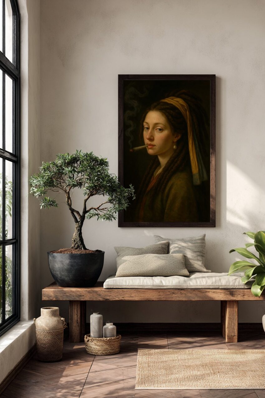 Malerei Poster Frau Zigarette Dreadlocks Perlenohrring