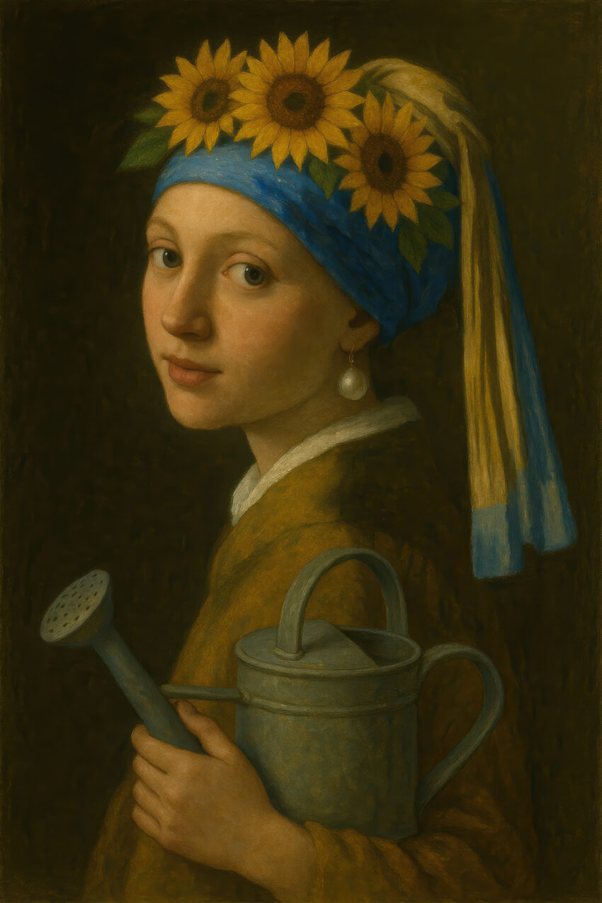 Malerei Poster Mädchen Porträt Sonnenblumen Gießkanne blau