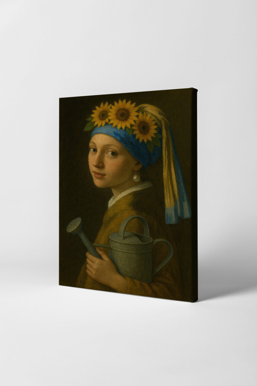 Malerei Poster Mädchen Porträt Sonnenblumen Gießkanne blau