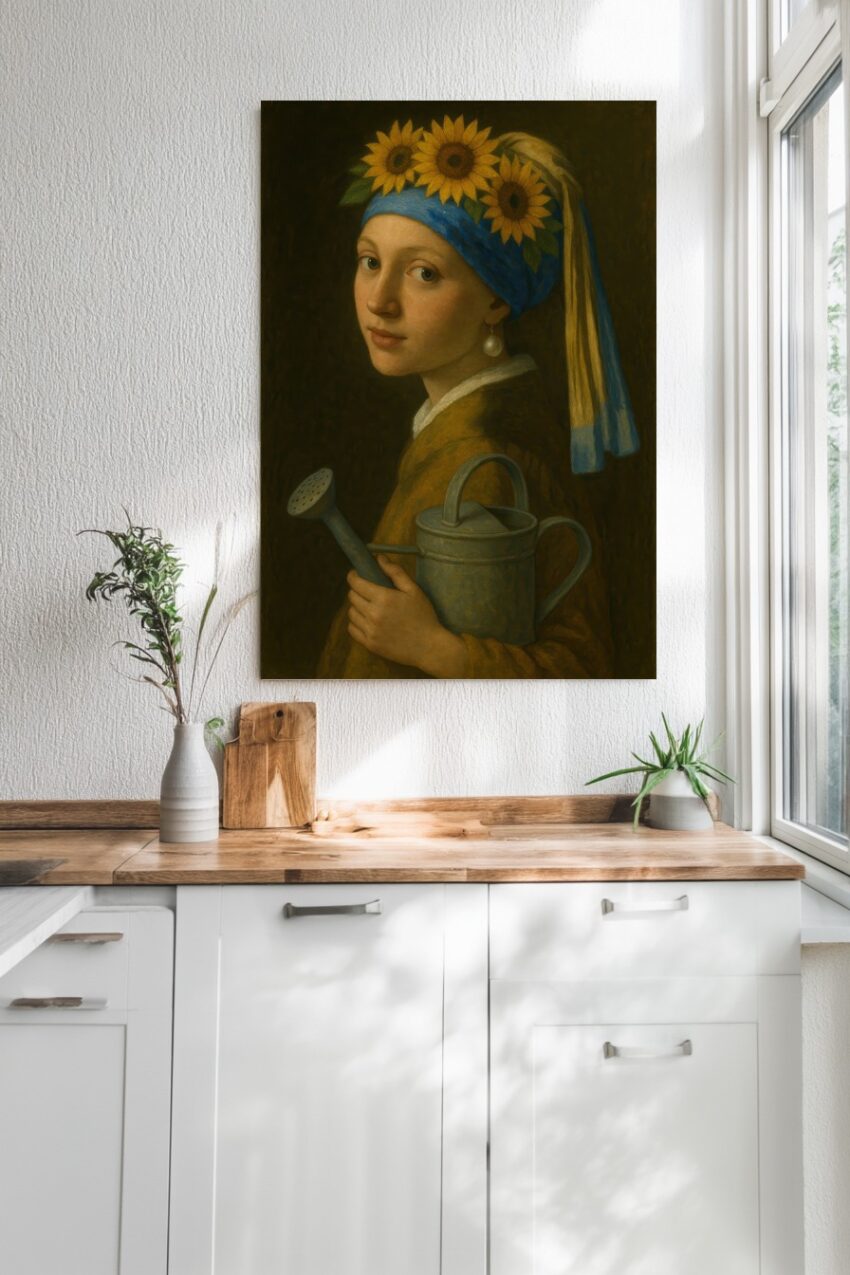 Malerei Poster Mädchen Porträt Sonnenblumen Gießkanne blau