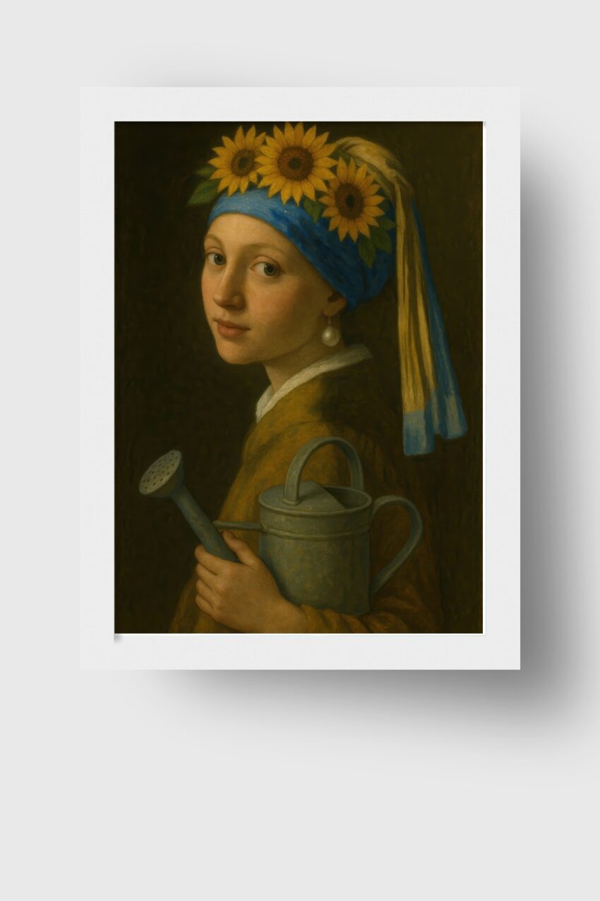 Malerei Poster Mädchen Porträt Sonnenblumen Gießkanne blau
