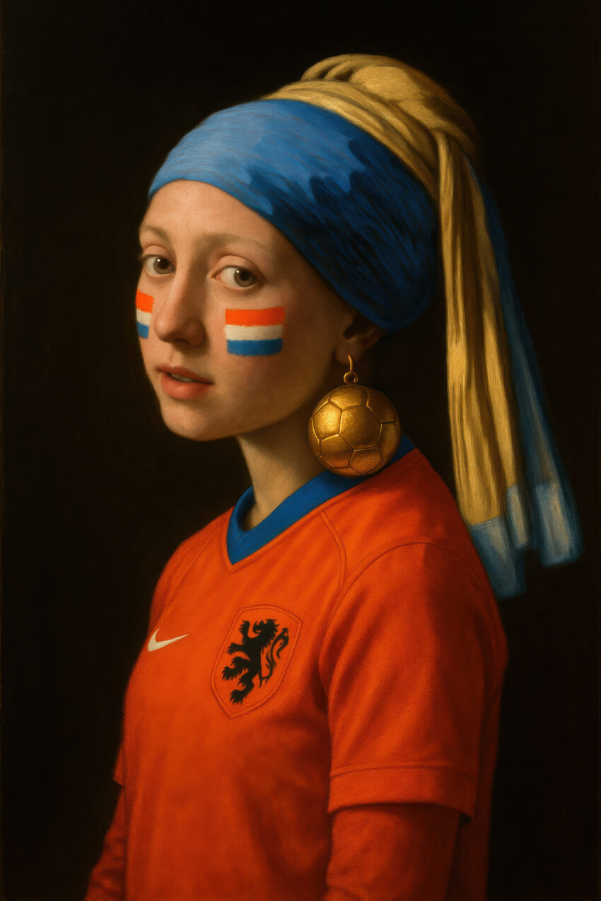 Fotografie Poster Mädchen Porträt Fußballohrring orange blau gelb