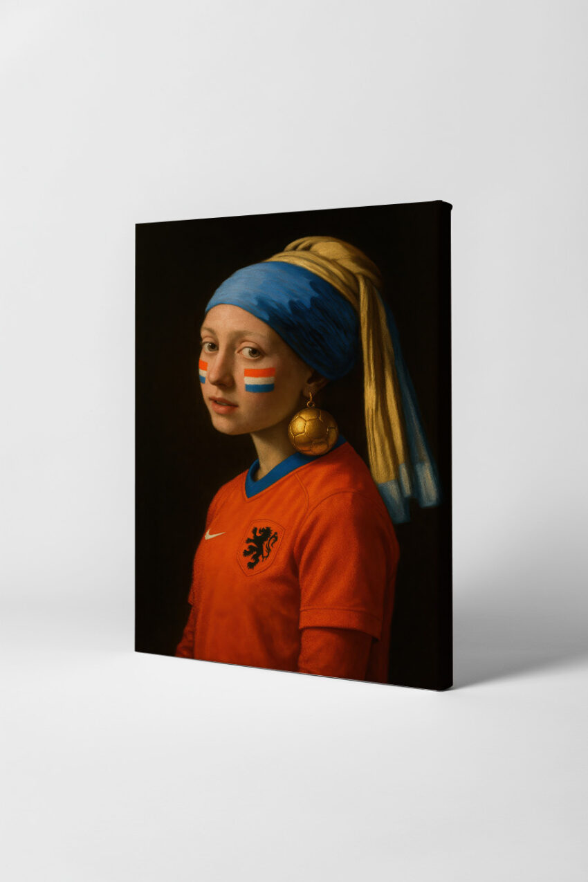 Fotografie Poster Mädchen Porträt Fußballohrring orange blau gelb