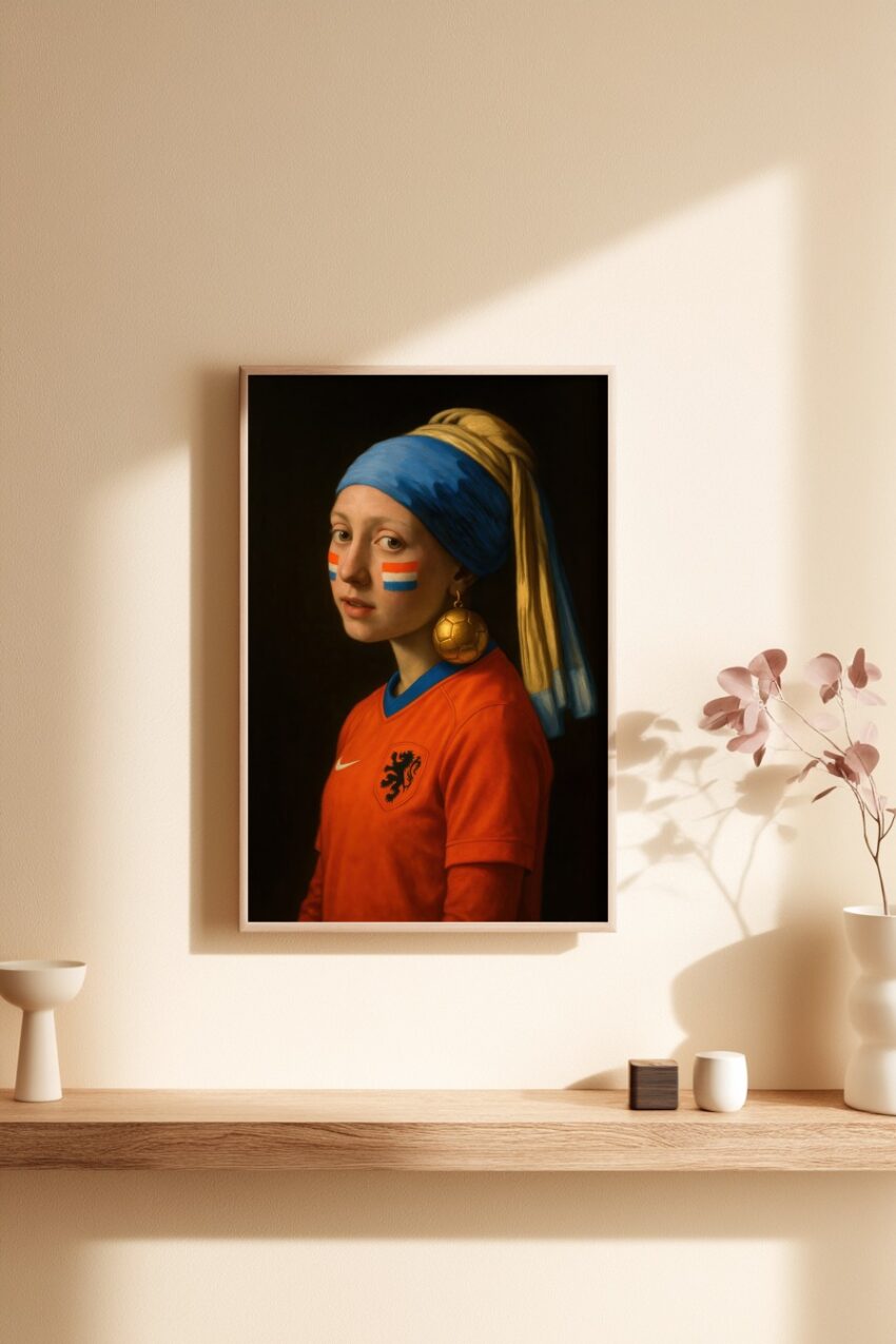 Fotografie Poster Mädchen Porträt Fußballohrring orange blau gelb