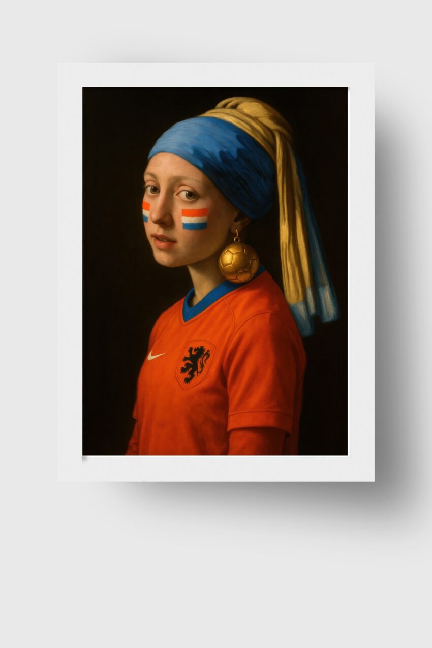 Fotografie Poster Mädchen Porträt Fußballohrring orange blau gelb