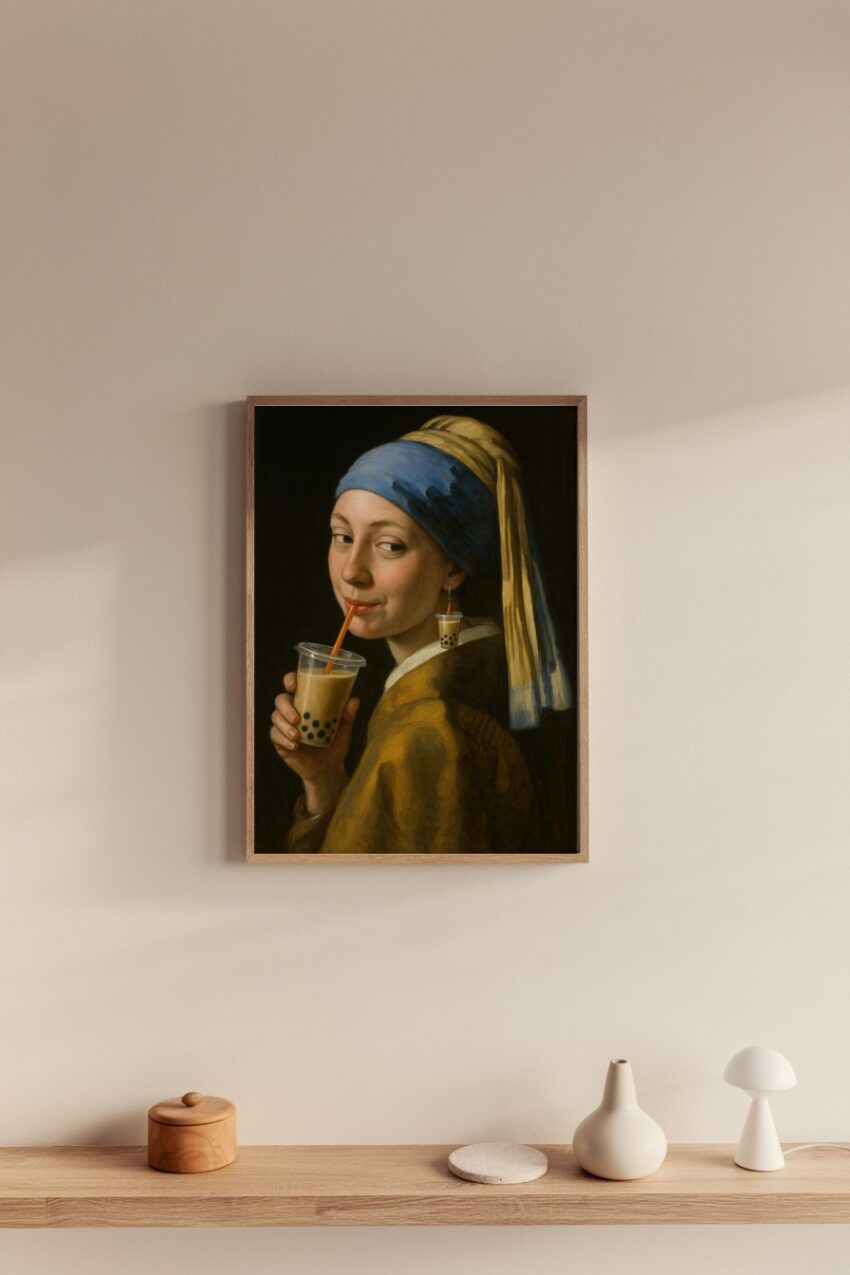 Malerei Poster Frau Bubble Tea Porträt farbig