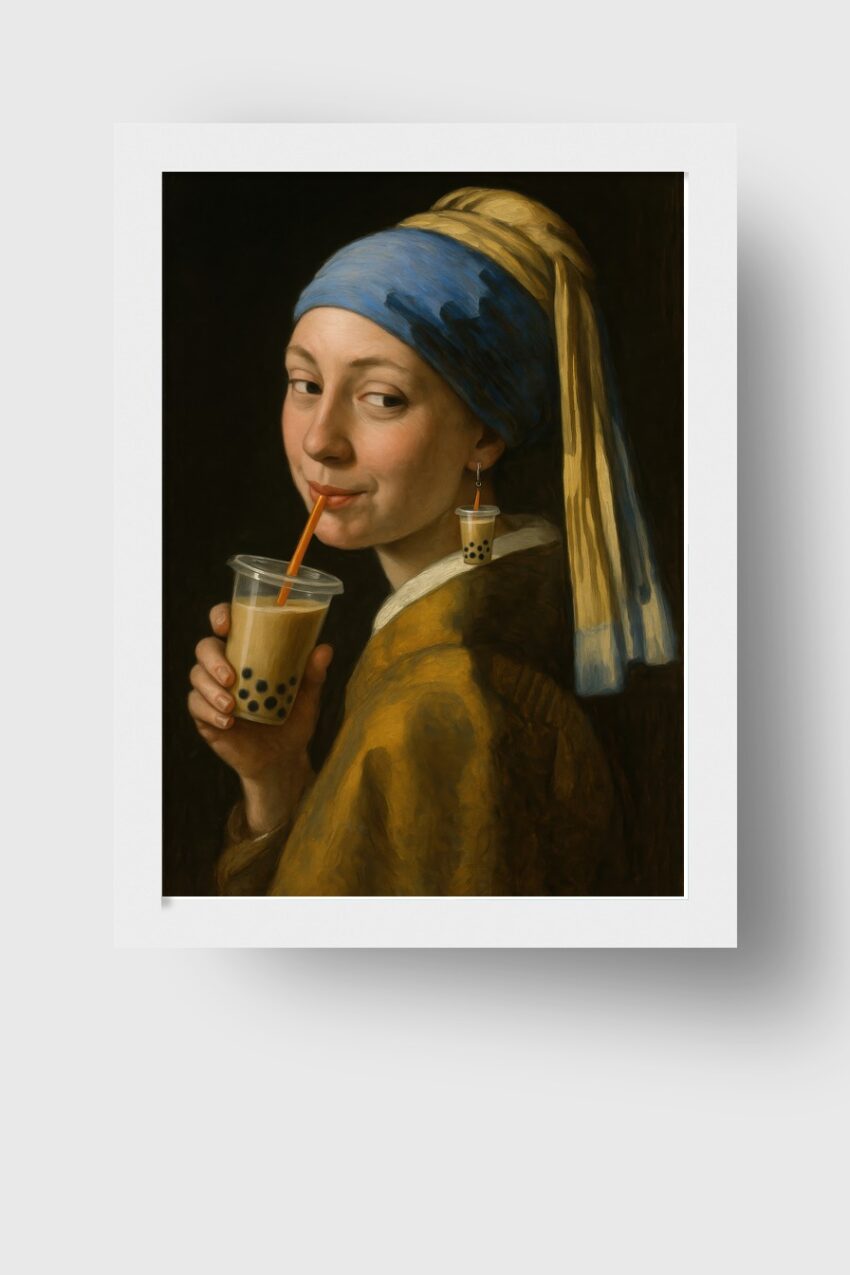 Malerei Poster Frau Bubble Tea Porträt farbig