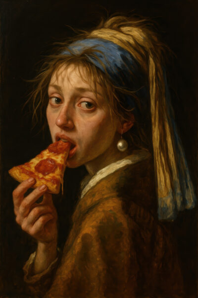 Frau mit Pizza Gerahmt