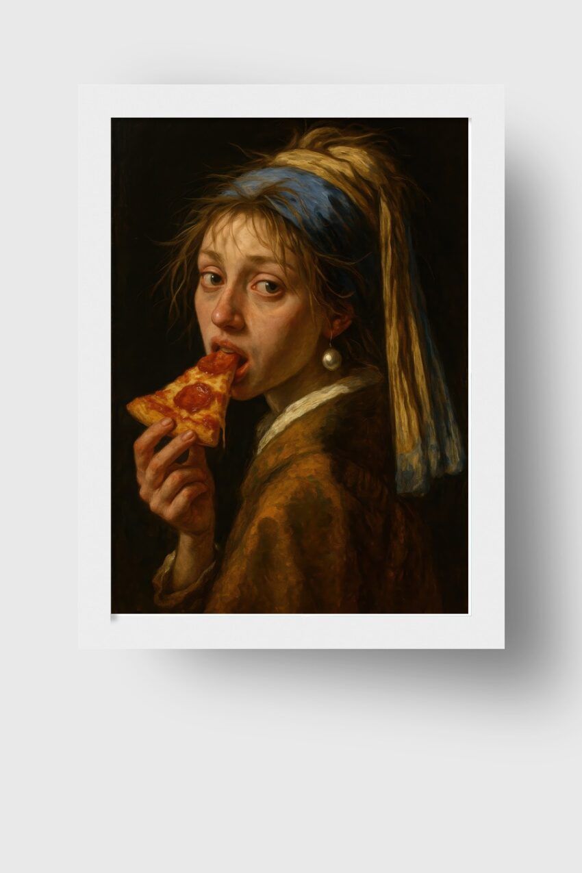 Malerei Poster Frau Pizza Porträt realistisch