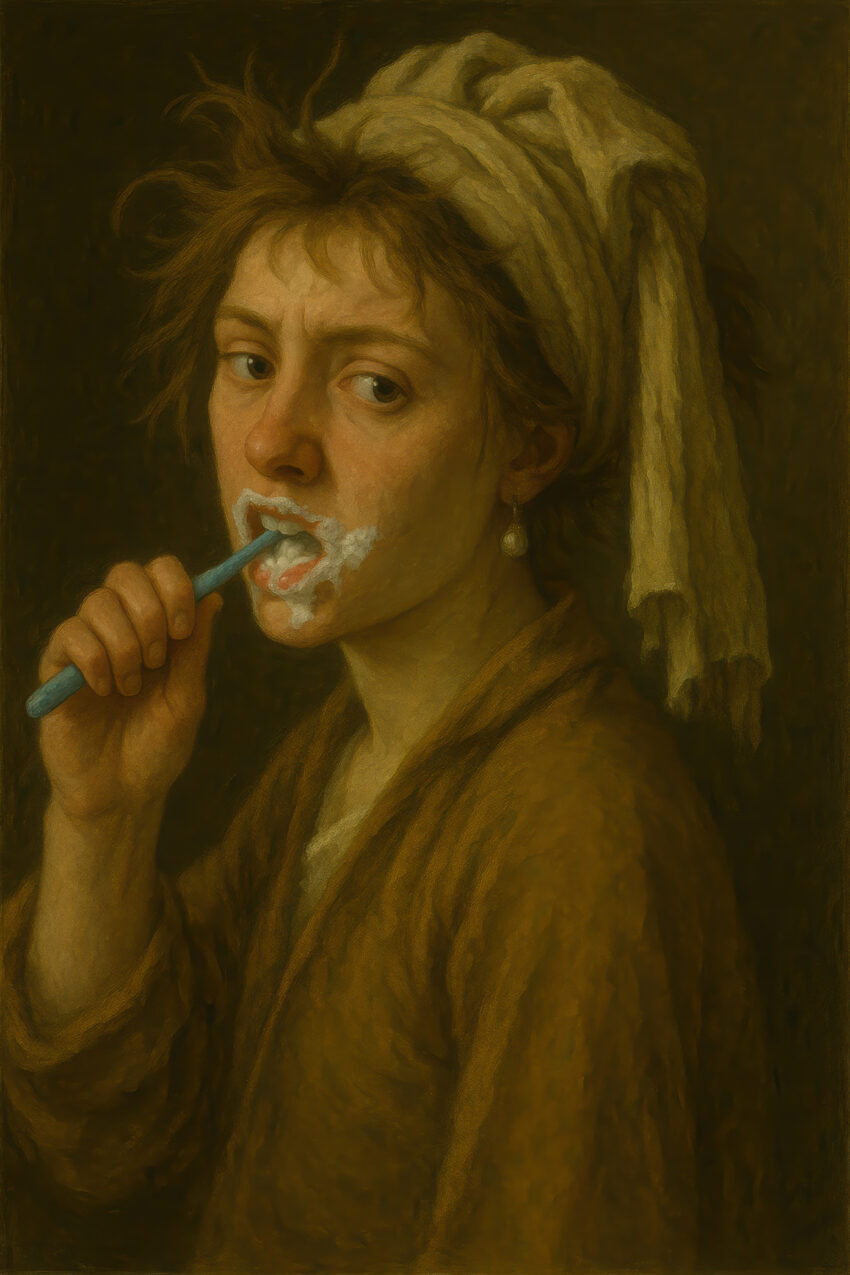 Malerei Poster Frau Zähneputzen Handtuch Porträt braun