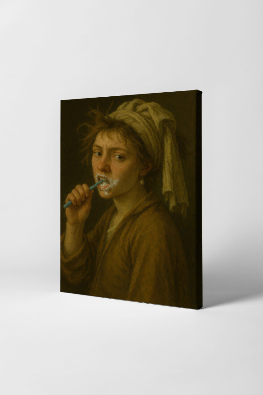 Malerei Poster Frau Zähneputzen Handtuch Porträt braun