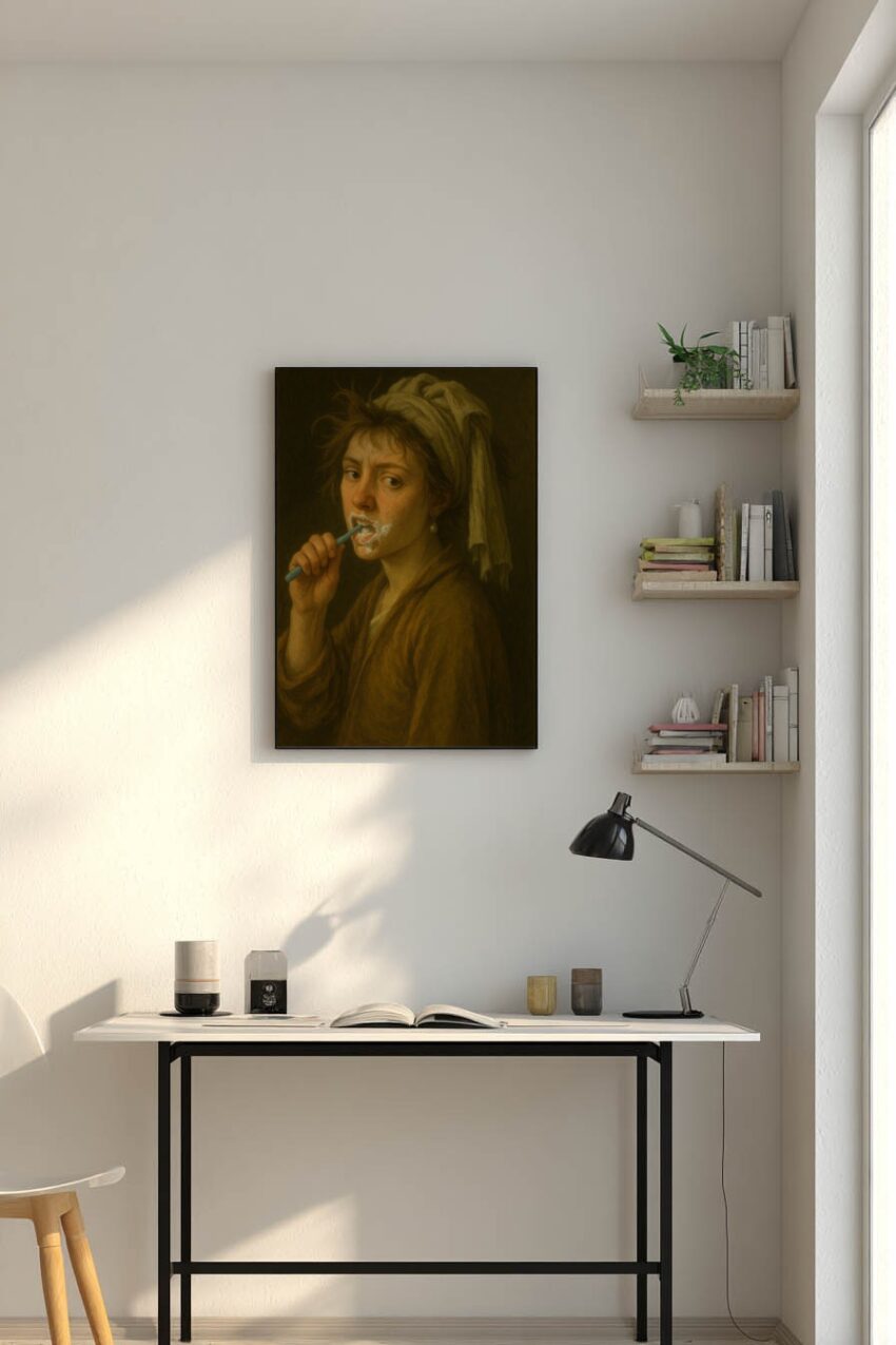 Malerei Poster Frau Zähneputzen Handtuch Porträt braun