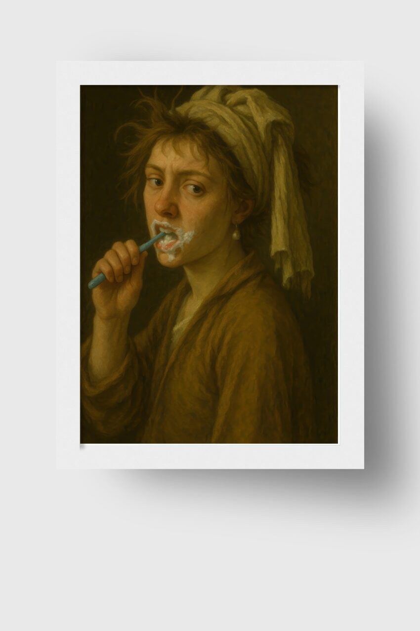Malerei Poster Frau Zähneputzen Handtuch Porträt braun