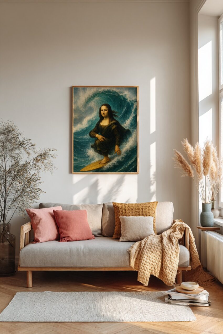 Illustration Poster Mona Lisa surfen Frau Welle blau