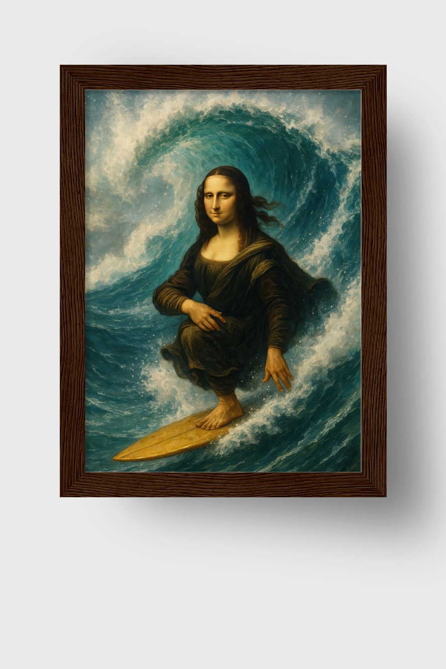 Illustration Poster Mona Lisa surfen Frau Welle blau