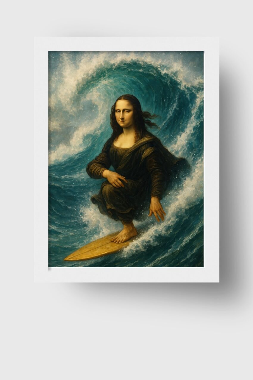 Illustration Poster Mona Lisa surfen Frau Welle blau